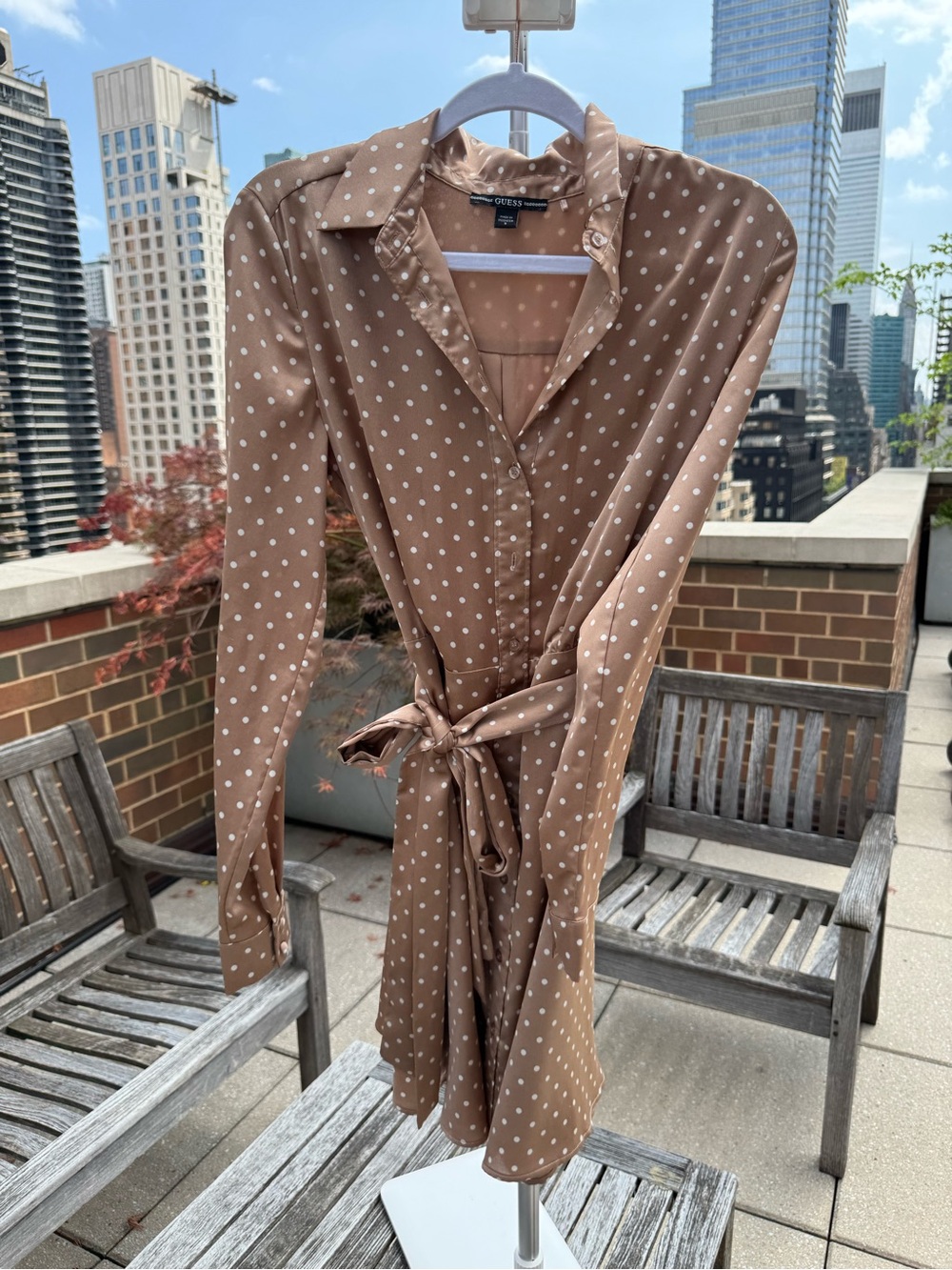 Guess Brown Polka Dot Long Sleeve Shirt Dress